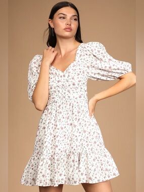 Lulus So Sweetly Floral Puff Sleeve Open Back White Pink Mini Dress Large